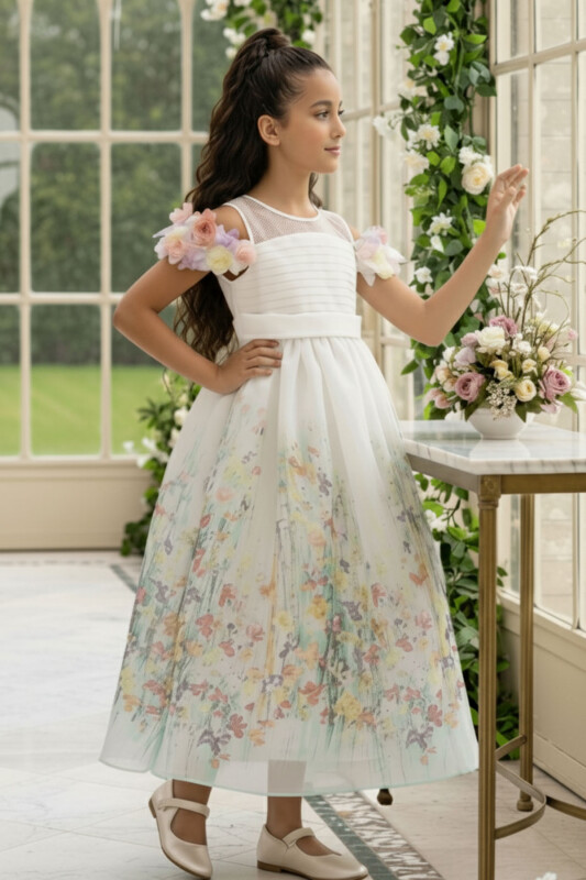 Ecru Girls Floral Long Dress 3-7 AGE 36071PR - Clothes