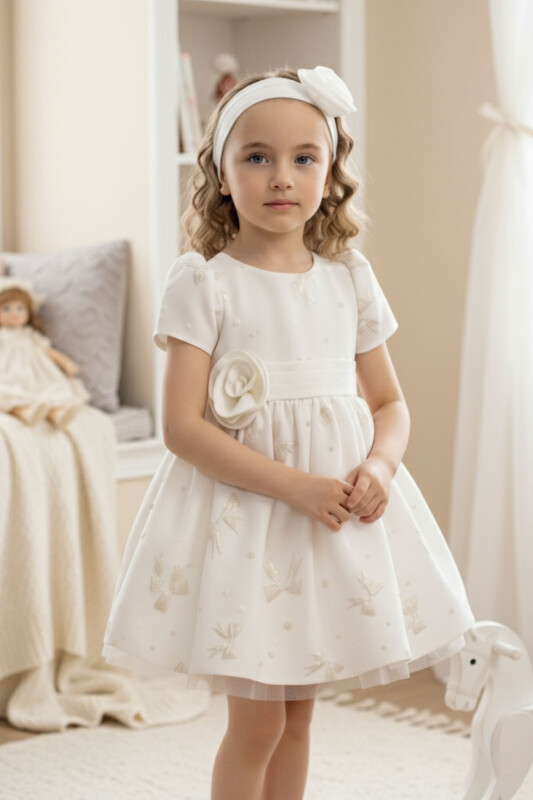 Beige Baby Dress with Bow Motifs and Flower Headband 6-24 MONTH 36171PR 