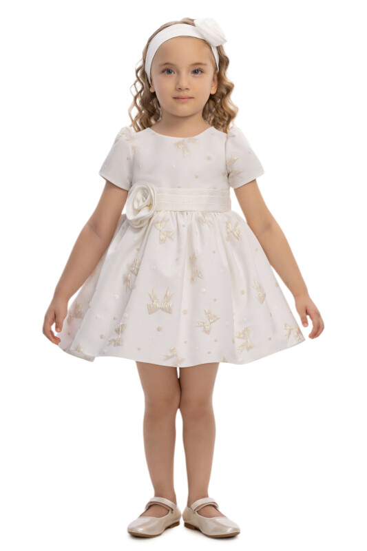 Beige Baby Dress with Bow Motifs and Flower Headband 6-24 MONTH 36171PR - Clothes (1)