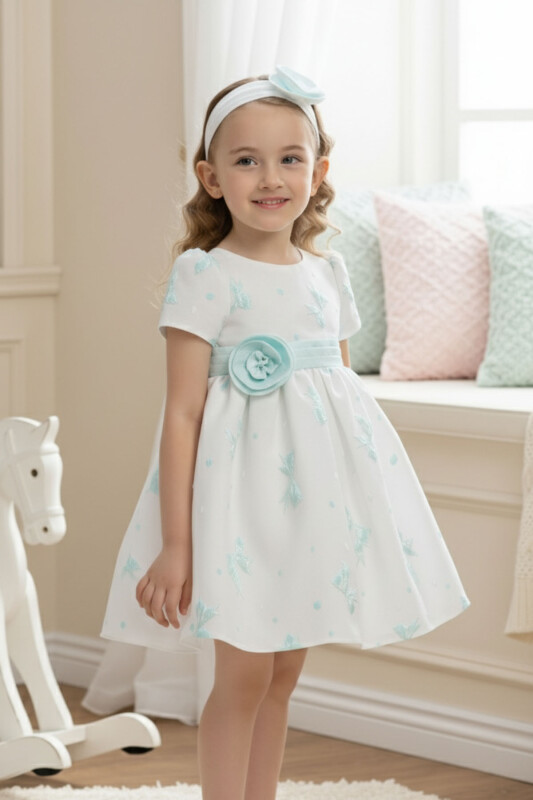 Mint Baby Dress with Bow Motifs and Flower Headband 6-24 MONTH 36171PR - Clothes