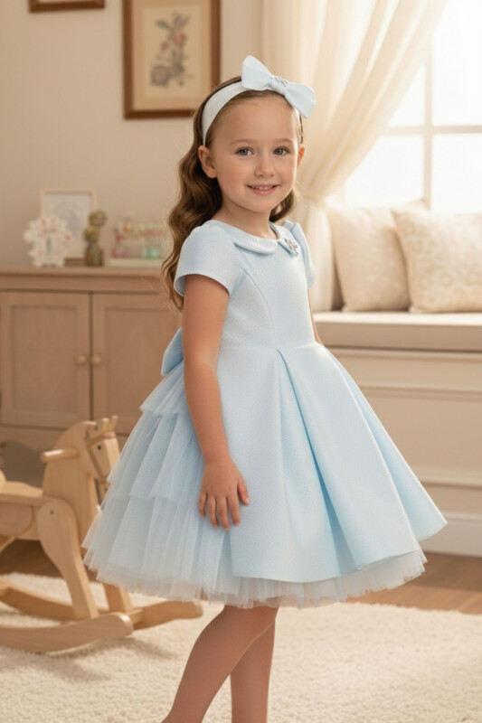 Blue Baby Dress with Bow Details and Headband 6-24 MONTH 36169PR 