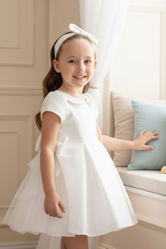 Ecru Baby Dress with Bow Details and Headband 6-24 MONTH 36169PR 