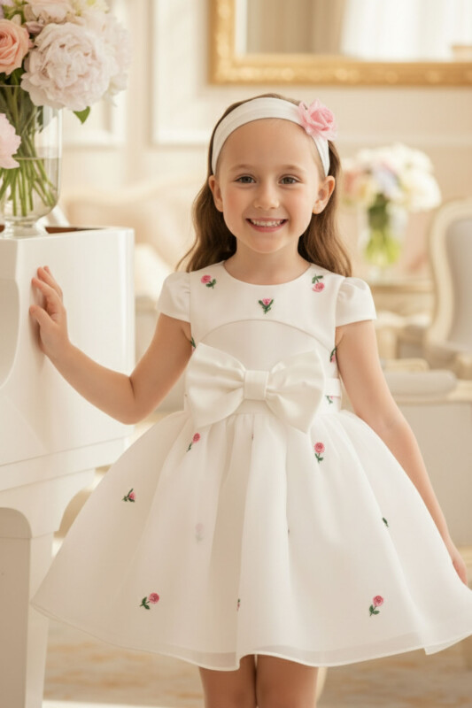 Ecru Baby Rose Bow Dress 6-24 MONTH 36078PR 