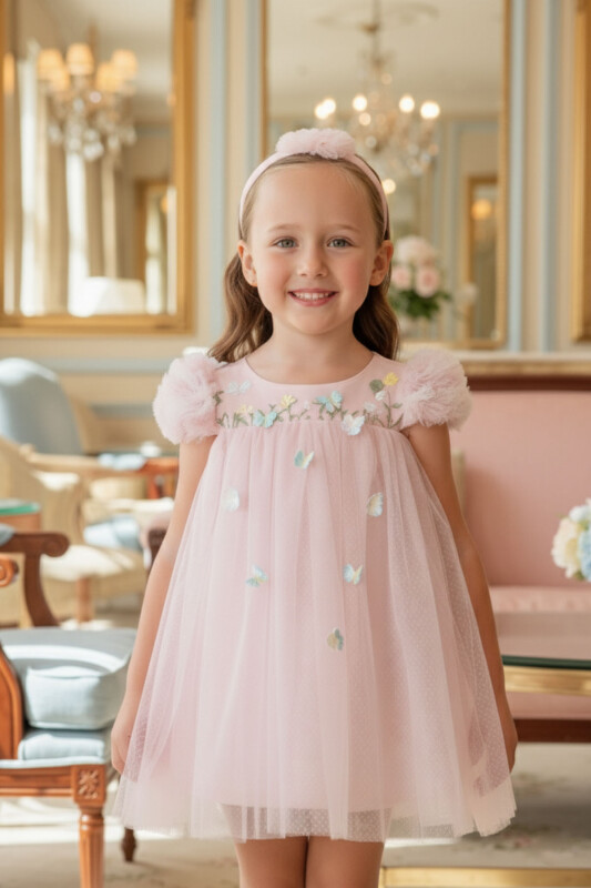 Powder Baby Dress with Embroidered Butterflies and Matching Headband 6-24 MONTH 36075PR - Clothes