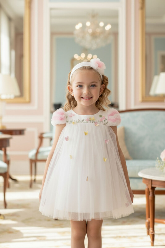 Ecru Baby Dress with Embroidered Butterflies and Matching Headband 6-24 MONTH 36075PR 