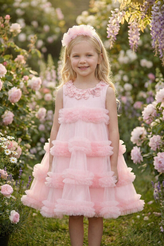 Powder Girls Tulle Dress with Flower Embellishments & Headband 3-7 AGE 36025PR 