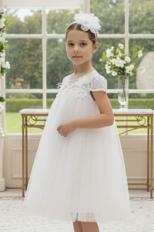 Ecru Girls Lace Yoke Tulle Dress 3-7 AGE 36022PR 