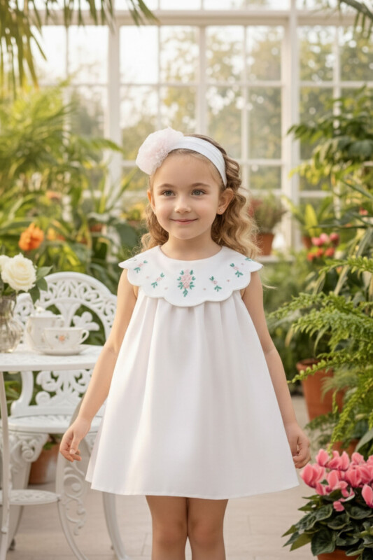 Ecru Baby Dress with Embroidered Collar & Headband 6-24 MONTH 36097PR 