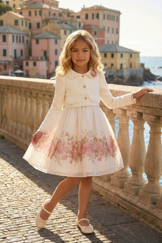 Ecru Girls Floral Organza Dress with Jacket 3-7 AGE 36298PR - Clothes