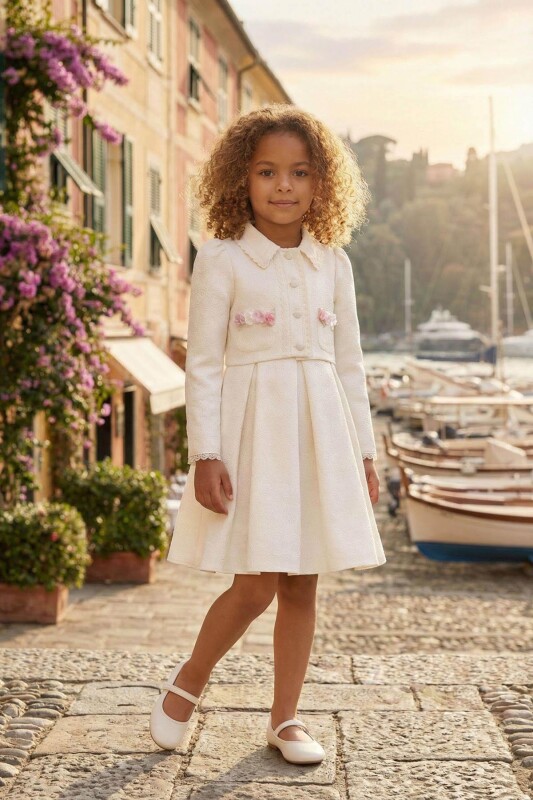 Ecru Girls Dress with Floral Pocket Jacket 3-7 AGE 36296PR 