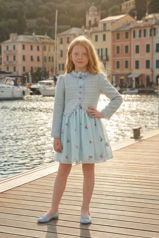 Blue Girls Floral Dress & Tweed Jacket Set 3-7 AGE 36289PR - Clothes