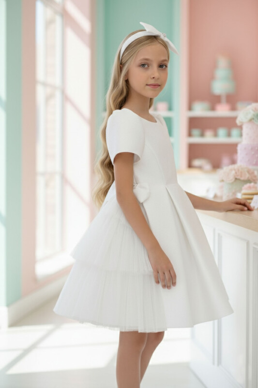 Ecru Girls Layered Tulle Side-Bow Dress 3-7 AGE 36306PR - Clothes