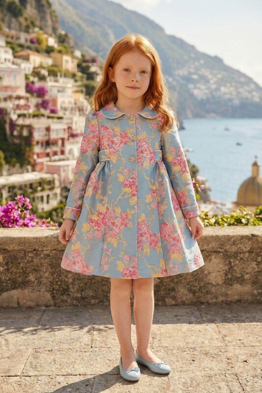 Blue Girls Floral Jacquard Coat & Satin Dress Set 3-7 AGE 36288PR 