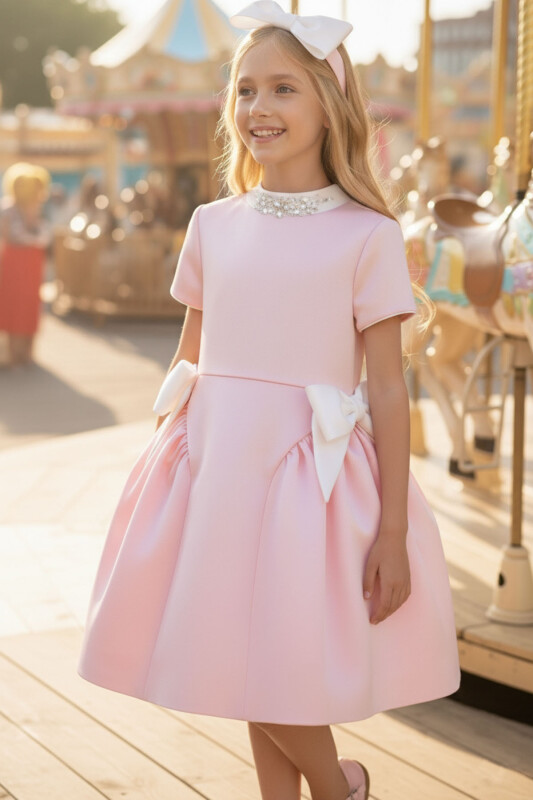 Powder Girls Dress with Crystal Collar and Satin Bows 3-7 AGE 36283PR - Clothes