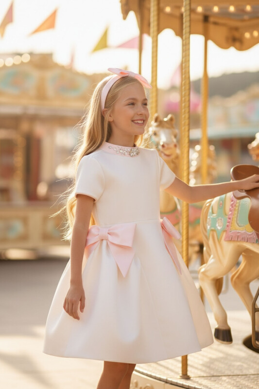 Ecru Girls Dress with Crystal Collar and Satin Bows 3-7 AGE 36283PR - Clothes