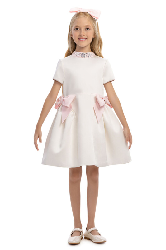 Ecru Girls Dress with Crystal Collar and Satin Bows 3-7 AGE 36283PR - Clothes (1)