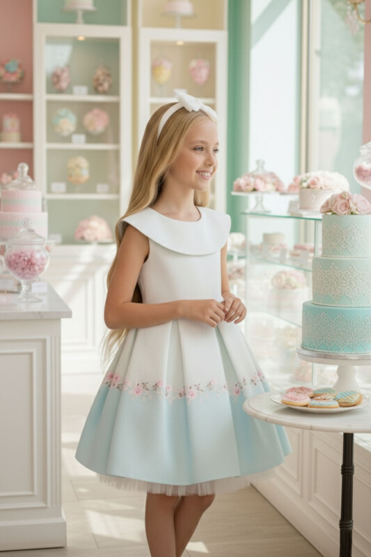 Blue Girls Floral Hem Dress with Bow 3-7 AGE 36210PR 