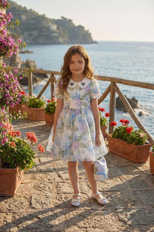 Blue Girls Dress with Embroidered Collar & Matching Bag 3-7 AGE 36165PR 