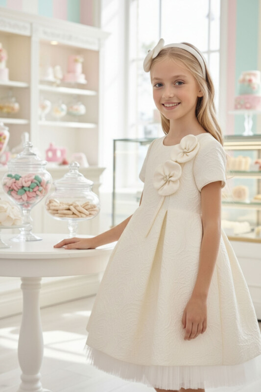 Ecru Girls Jacquard Dress 3-7 AGE 36190PR - Clothes