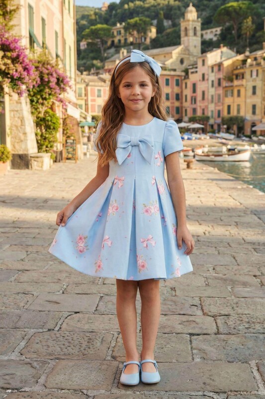 Blue Girls Print Bow Dress & Headband 3-7 AGE 36192PR 