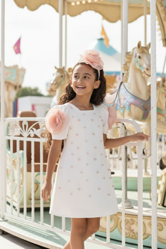 Ecru Girls Pearl Flower Sleeve Dress 3-7 AGE 36129PR 