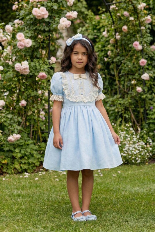 Blue Vintage-Inspired Lace Detailed Dress with Headband 3-7 AGE 36403PR - Clothes