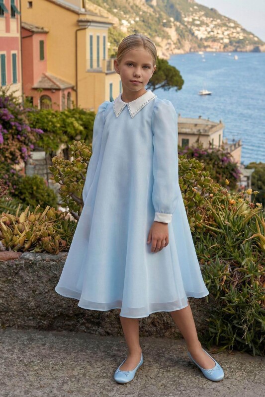 Blue Girls Chiffon A-Line Dress with Beaded Satin Collar 8-15 AGE 36391PR - Clothes
