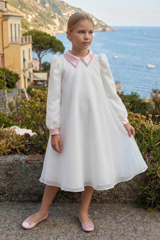 Ecru Girls Chiffon A-Line Dress with Beaded Satin Collar 8-15 AGE 36391PR - Clothes