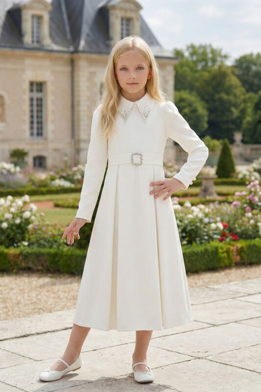 Ecru Girls Elegant Long Sleeve Belted Dress with Embellished Collar 8-15 AGE 36390PR - Clothes