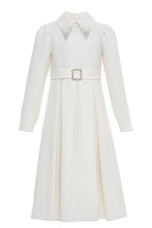 Ecru Girls Elegant Long Sleeve Belted Dress with Embellished Collar 8-15 AGE 36390PR - Clothes (1)