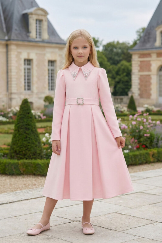 Powder Girls Elegant Long Sleeve Belted Dress with Embellished Collar 8-15 AGE 36390PR - Clothes