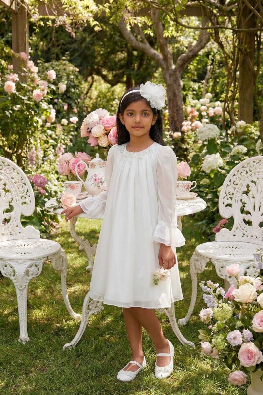 Ecru Chiffon Swing Dress with Pearl Flower Headband 3-7 AGE 36411PR - Clothes