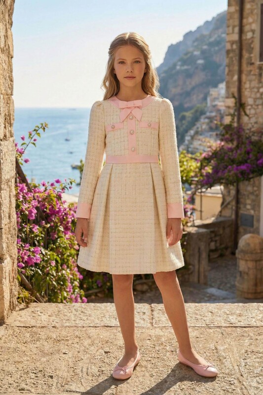 Powder Girls Elegant Tweed Dress with Pearly Buttons 8-15 AGE 36459PR - Clothes