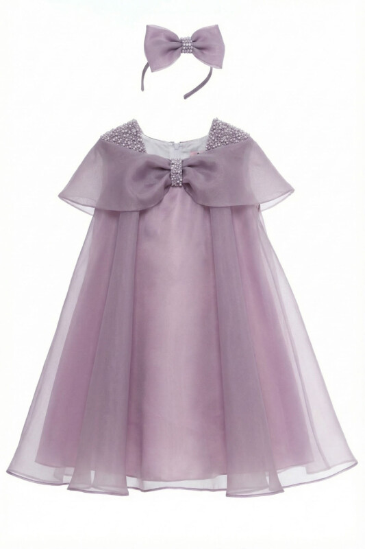 Purple Girls Pearl Shoulder Organza Dress with Matching Headband 3-7 AGE 36377PR - Clothes (1)