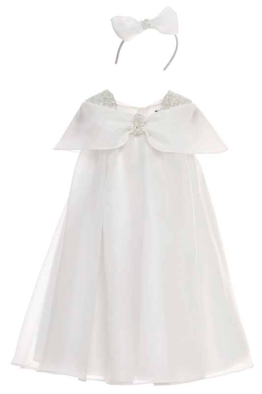 Ecru Girls Pearl Shoulder Organza Dress with Matching Headband 3-7 AGE 36377PR - Clothes (1)