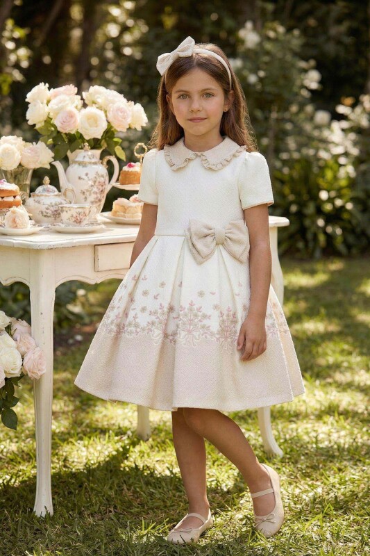 Beige Girls Floral Jacquard Dress with Bow Headband 3-7 AGE 36186PR 