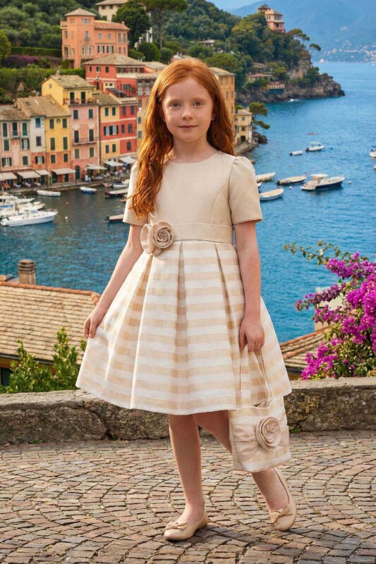 Beige Girls Striped Party Dress with Matching Bag 3-7 AGE 36179PR - Clothes