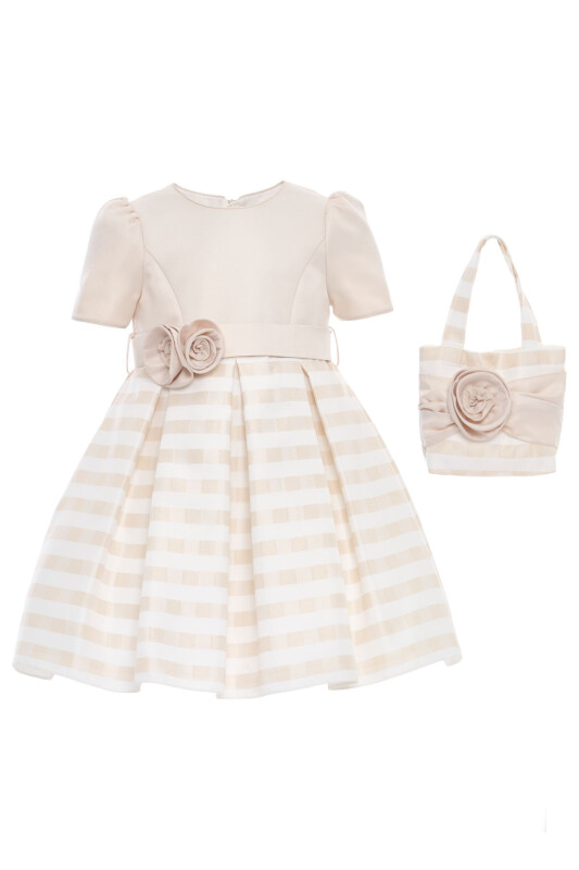 Beige Girls Striped Party Dress with Matching Bag 3-7 AGE 36179PR - Clothes (1)
