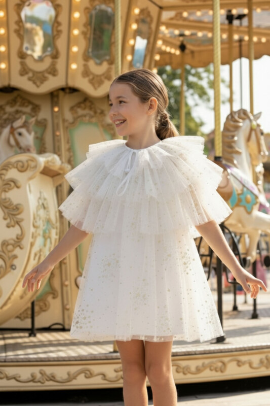 Ecru Girls Dress with Layered Tulle Cape (3-7 Age) 3-7 AGE 36047PR 