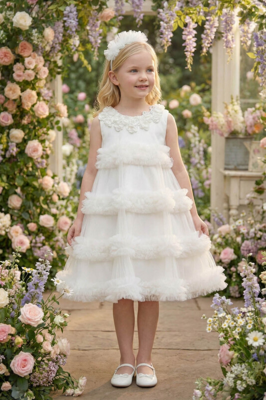 Ecru Girls Tulle Dress with Flower Embellishments & Headband 3-7 AGE 36025PR 