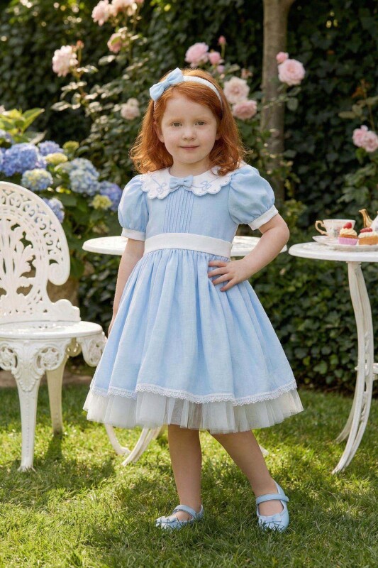 Blue Baby Girl Classic Puff Sleeve Dress with Headband 6-24 MONTH 36371PR - Clothes