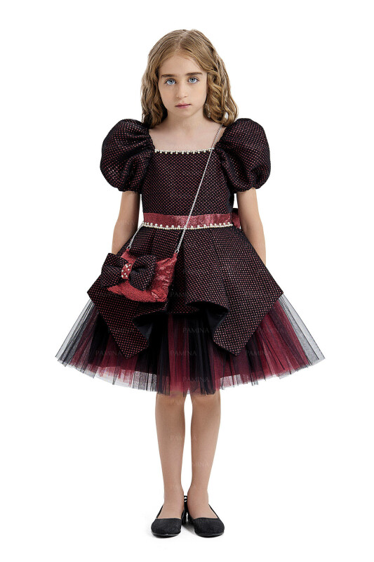Burgundy Square-Collared Dress 4-8 AGE 33019PR - Clothes
