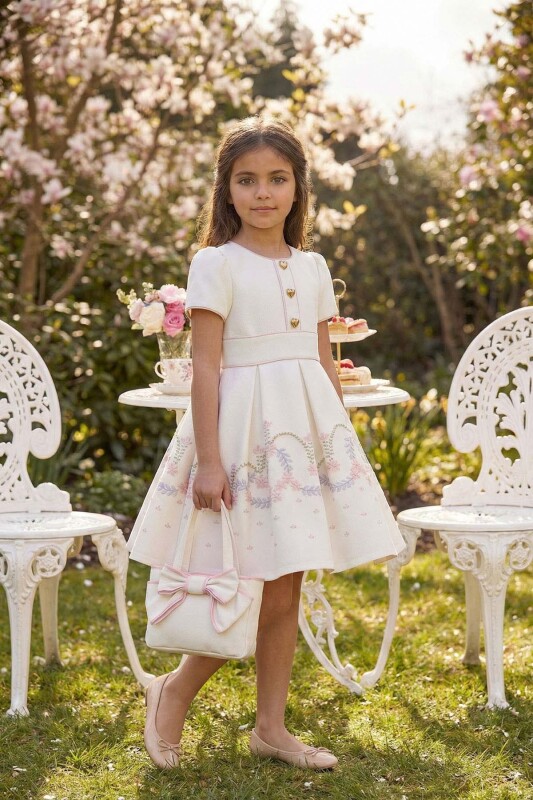 Powder Girls Embroidered Floral Dress with Heart Buttons & Matching Bag 3-7 AGE 36182PR 