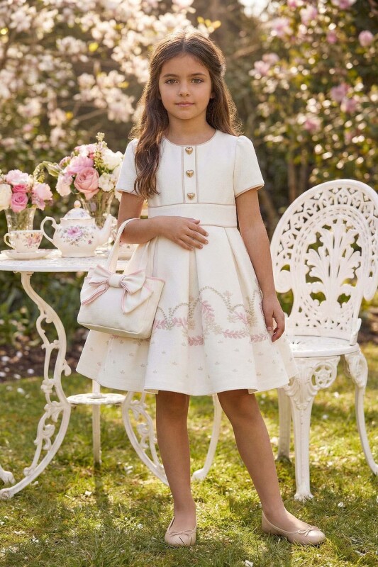 Ecru Girls Embroidered Floral Dress with Heart Buttons & Matching Bag 3-7 AGE 36182PR 