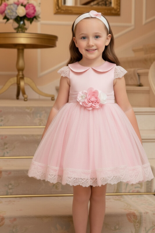 Powder Baby Dress with Lace Sleeves and Floral Headband (6–24 Months) 6-24 MONTH 36004PR - Clothes