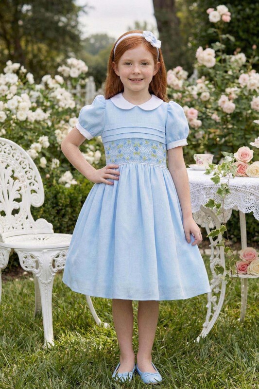 Blue Classic Embroidered Smock Dress with Headband 3-7 AGE 36383PR - Clothes