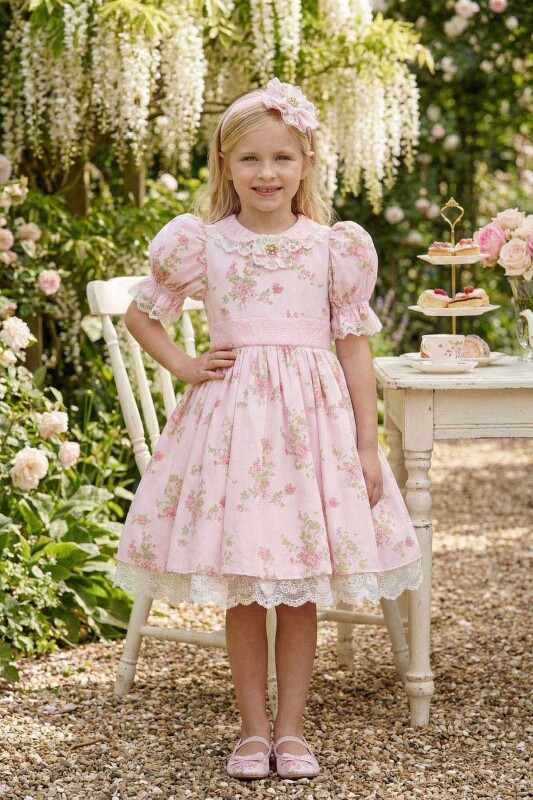 Powder Vintage-Inspired Floral Dress with Headband 3-7 AGE 36374PR 