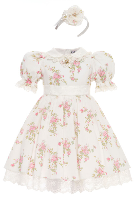 Ecru Vintage-Inspired Floral Dress with Headband 3-7 AGE 36374PR - Clothes (1)