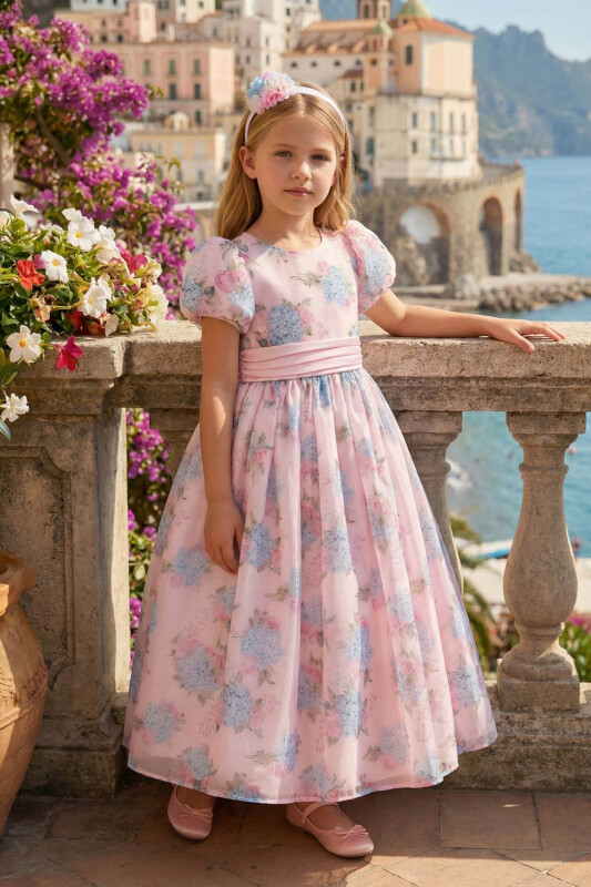 Powder Floral Organza Maxi Dress with Hair Accessory 3-7 AGE 36368PR - Clothes