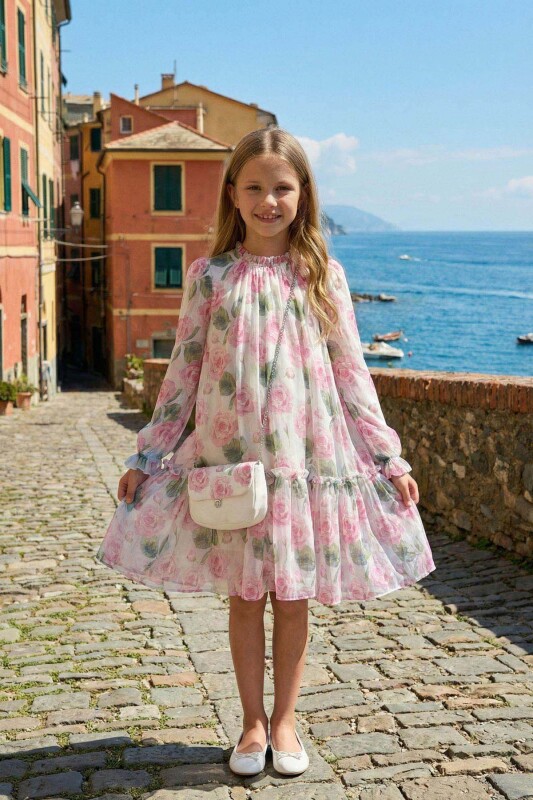 Ecru Girls Chiffon Dress with Matching Bag 3-7 AGE 36220PR 